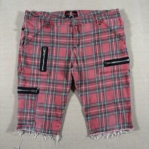 Royal Bones Shorts Men's 38 Red Plaid Punk Gothic Zip Cargo Cut Off Y2K